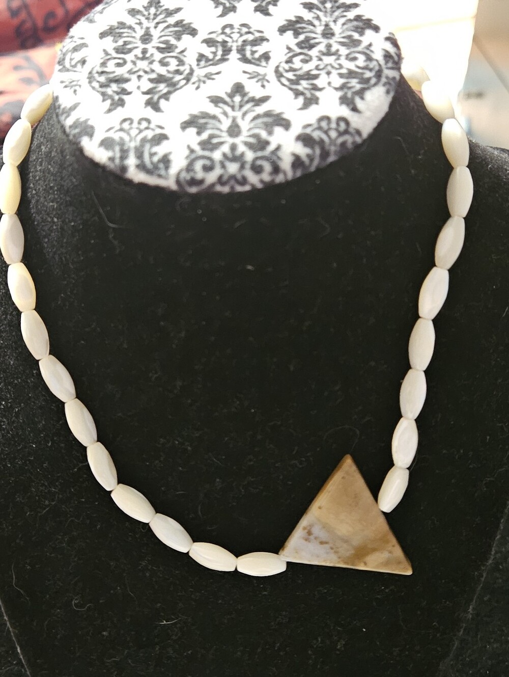 Handcrafted White Bead Necklace with Triangle Stone Pendant